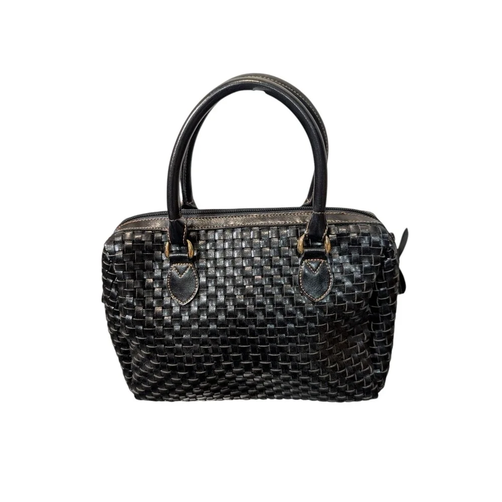 Naturalizer Black Woven Satchel Handbag Faux‎ Leather Top Handle Bag